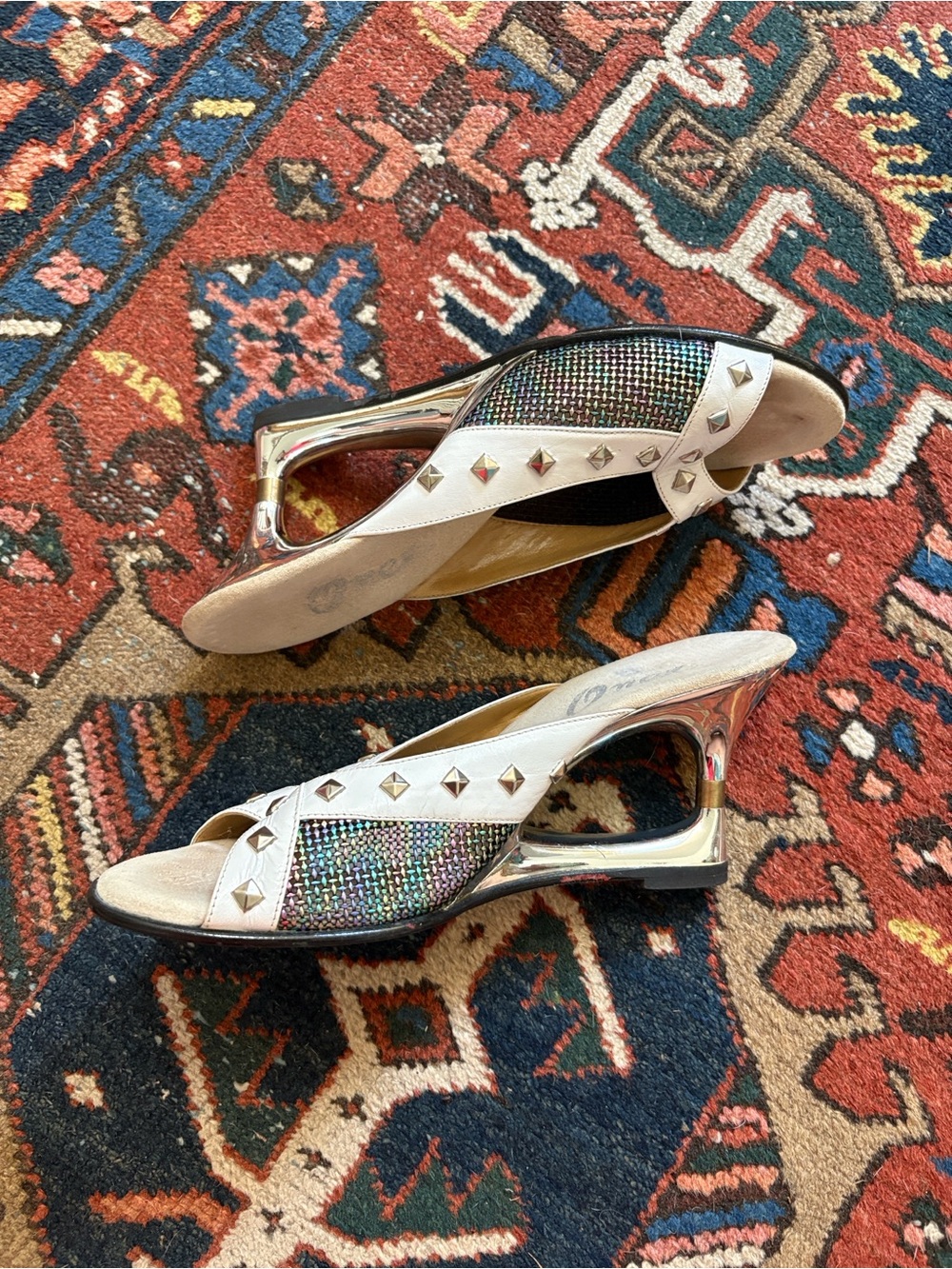 Vintage 80s Onex Iridescent Multi-Color gap wedge Mules with Silver Accents 8